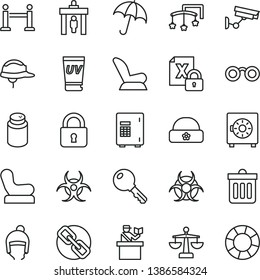 thin line vector icon set - spectacles vector, scales, toys over the cot, powder, Baby chair, car child seat, winter hat, warm, helmet, dust bin, lock, key, umbrella, strongbox, encrypting, glasses