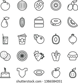 thin line vector icon set - Child T shirt vector, cake, piece of, with a hole, plate milk, peper, coffe to go, glass soda, blueberries, strawberries, biscuit, branch grape, pear, red apple, medlar