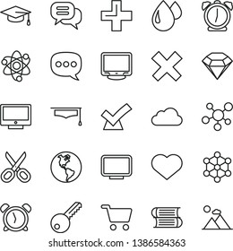 thin line vector icon set - heart symbol vector, scissors, alarm clock, plus, cross, books, key, screen, planet Earth, drop, shopping cart, speech, monitor, cloud, molecule, atom, graduate hat