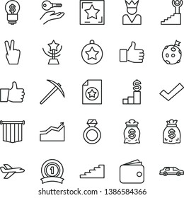 thin line vector icon set - check mark vector, thumb up, wallet, dollars, finger, star cup, stairway, winner, arrow graph, medal, flag on moon, ribbon, certificate, mine axe, diamond ring, pennant