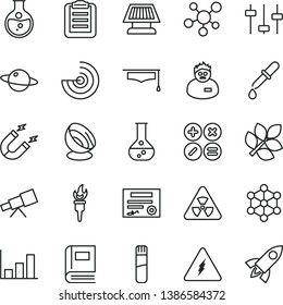 thin line vector icon set - math actions vector, planet, round flask, magnet, test tube, telescope, molecule, electricity, nuclear, settings, book, pipette, scientist, graduate hat, clipboard, radar