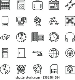 thin line vector icon set - calendar vector, clock face, ntrance door, interroom, city block, headphones, earth, case, lens, planet, electric car, processor, SIM, calculator, computer, usb flash
