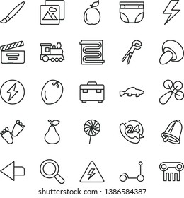 thin line vector icon set - tassel vector, lightning, danger of electricity, left direction, magnifier, movie cracker, nappy, baby rattle, children's tracks, Kick scooter, adjustable wrench, bell