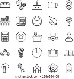 thin line vector icon set - mark of injury vector, pie chart, baby bib, box bricks, cake, hook, saving light bulb, brick, leaf, industrial enterprise, autopilot, gears, hierarchical scheme, folder