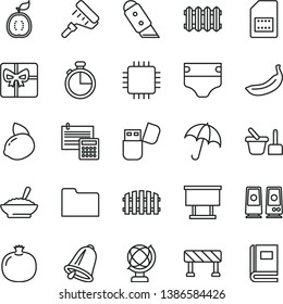 thin line vector icon set - diaper vector, toy sand set, paint roller, calculation, fence, knife, new radiator, traffic signal, bell, timer, globe, umbrella, a bowl of buckwheat porridge, banana