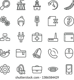 thin line vector icon set - purse vector, first aid kit, silent mode, folder bookmark, question, drumroll, winter hat, cogwheel, bell, flowchart, delete page, phone call, plate, chili, popsicle
