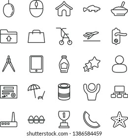 thin line vector icon set - upload folder vector, sitting stroller, door knob, bundle of eggs, tin, a bowl buckwheat porridge, small fish, bottle, slice melon, passion fruit, man, scheme, hand bag