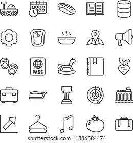 thin line vector icon set - growth chart vector, rocking horse, shoes for little children, suitcase, book, music, notebook, map, passport, megaphone, hanger, cake slice, hot porridge, tomato, beet