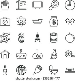 thin line vector icon set - bath vector, crane, long meashuring tape, plastic brush, toilet, home, wall clock, camera, tin, torte, grill chicken leg, French fries, bottle of soda, tangerine, planet