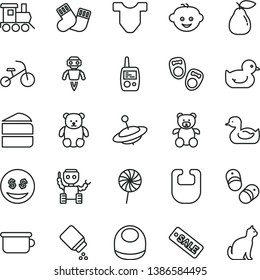 thin line vector icon set - baby powder vector, bib, Child T shirt, rubber duck, duckling, warm socks, toy mobile phone, children's potty, teddy bear, small, hairdo, train, yule, tricycle, lollipop