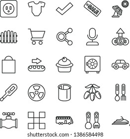 thin line vector icon set - paper bag vector, check mark, t short, electronic thermometer e, motor vehicle, plastic fork spoons, iron, power socket type b, tile, hedge, strongbox, cart, muffin, bus