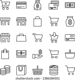 thin line vector icon set - paper bag vector, grocery basket, bank card, cart, put in, crossed, with handles, cards, kiosk, coins, stall, shopping, front of the, column, get a wage, money, dollars