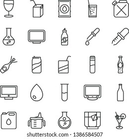 thin line vector icon set - measuring cup for feeding vector, e, packing of juice with a straw, drop, screen, glass soda, tea, can, bottle, liquor, round flask, oil, canister, monitor, test tube