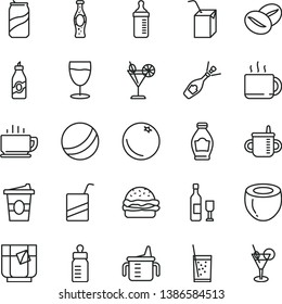 thin line vector icon set - mug for feeding vector, measuring cup, bottle, bath ball, e, packing of juice with a straw, coffee, burger, beans, tea, coffe to go, glass soda, cocktail, can, orange