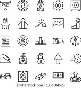 thin line vector icon set - upward direction vector, dollar, line chart, strongbox, recession, a crisis, article on the, financial item, dollars, cash, report, growth arrows, gold bar, rain, coin