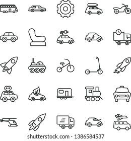 thin line vector icon set - truck lorry vector, Baby chair, motor vehicle, present, toy train, tricycle, child Kick scooter, car, delivery, eco, electric, transport, retro, rocket, space, Express