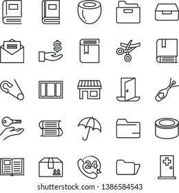 thin line vector icon set - folder vector, book, open pin, e, books, window frame, received letter, umbrella, drawer, cardboard box, 24, canned goods, half of coconut, stall, get a wage, exit door