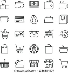 thin line vector icon set - paper bag vector, grocery basket, bank card, dollar, children's potty, cubes for children, put in cart, crossed, with handles, kiosk, stick of sausage, cup tea, shopping