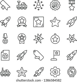 thin line vector icon set - add bookmark vector, remove label, star gear, rocket, space, lunar rover, bang, medal, flag, hero, ribbon, certificate, dollar, stars around man, starfish, compass