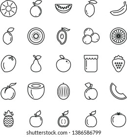thin line vector icon set - jam vector, strawberry, pear, peach, ripe, apricot, blueberry, blueberries, melon, slice of, half mango, water, lemon, banana, kiwi, sour lime, orange, delicious apple