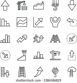thin line vector icon set - upward direction vector, downward, growth up, line chart, positive histogram, crane, tower, hook, winch, stepladder, ladder, left bottom arrow, move, right, bar, man