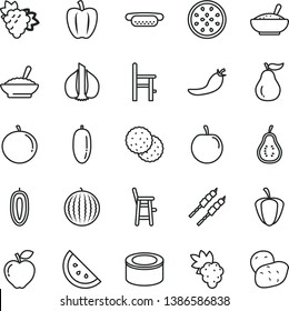 thin line vector icon set - a chair for feeding vector, child, canned goods, mini hot dog, bowl of buckwheat porridge, rice, barbecue, orange slice, biscuit, grape, branch, red apple, water melon