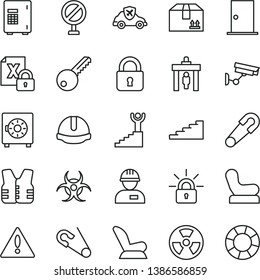 thin line vector icon set - warning vector, prohibition, Baby chair, car child seat, safety pin, open, workman, key, ntrance door, construction helmet, lock, strongbox, cardboard box, autopilot