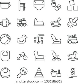 thin line vector icon set - toys over the cradle vector, dummy, mug for feeding, diaper, bib, baby, beanbag, chair, car child seat, summer stroller, duckling, bath ball, stacking toy, sand set, a