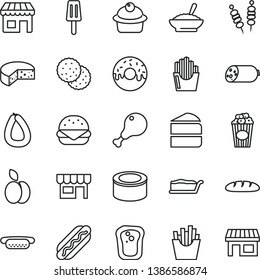 thin line vector icon set - kiosk vector, sausage, stick of, cheese, loaf, canned goods, fried vegetables on sticks, Hot Dog, mini, big burger, muffin, piece cake, slice, glazed with a hole, apple
