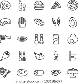 thin line vector icon set - a chair for feeding vector, plastic fork spoons, iron, sausage, stick of, cheese, fried vegetables on sticks, pizza, piece, burger, noodles, plate, chicken, grill leg