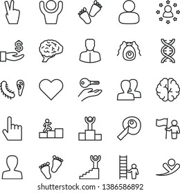 thin line vector icon set - woman vector, women, footprints, children's tracks, heart, index finger, man, get a wage, dna, brain, bactery, artifical insimination, winner podium, carrer stairway