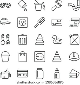 thin line vector icon set - bin vector, measuring cup for feeding, bottle, baby powder, beanbag, electronic thermometer e, rubber duck, stacking rings, toy, children's sand set, plastic fork spoons
