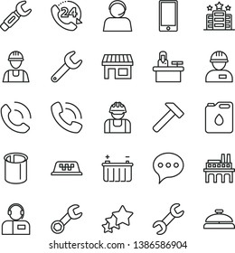 thin line vector icon set - builder vector, workman, hammer, speech, smartphone, 24, phone call, operator, battery, industrial enterprise, canister of oil, pipes, repair key, steel, stall, taxi