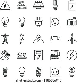 thin line vector icon set - danger of electricity vector, matte light bulb, saving, power socket type f, lightning, dangers, charging battery, solar panel, windmill, hydroelectricity, line, plug