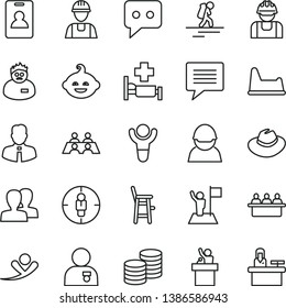 thin line vector icon set - image of thought vector, women, hat, potty chair, a for feeding child, funny hairdo, builder, employee, coins, racer, court hearing, goal woman, think, conversation, flag