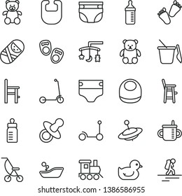 thin line vector icon set - toys over the cradle vector, dummy, mug for feeding, bottle, measuring, diaper, nappy, bib, baby, summer stroller, duckling, children's bathroom, tumbler, sand set, child