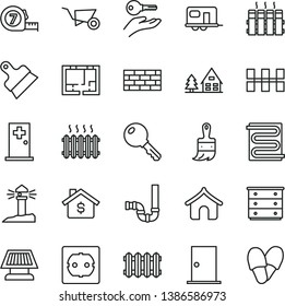 thin line vector icon set - chest of drawers vector, brickwork, building trolley, long meashuring tape, wooden paint brush, siphon, lay out flat, power socket type f, ntrance door, ceramic tiles