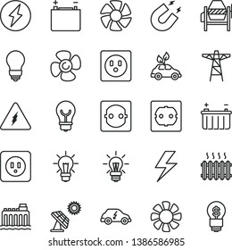 thin line vector icon set - lightning vector, concrete mixer, bulb, power socket type b, f, fan screw, big solar panel, accumulator, battery, hydroelectricity, pole, electric, cast iron radiator