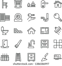 thin line vector icon set - house vector, bedside table, cradle, a chair for feeding, brick wall, building trowel, arm saw, stepladder, toilet, siphon, lay out of flat, door knob, city block, tile