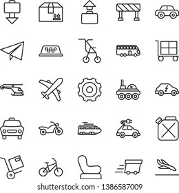thin line vector icon set - truck lorry vector, cargo trolley, paper airplane, Baby chair, sitting stroller, motor vehicle, traffic signal, car, cardboard box, shipment, canister, electric, urgent