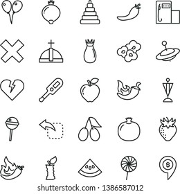 thin line vector icon set - cross vector, electronic thermometer e, stacking toy, yule, colored air balloons, broken heart, move left, chili, Chupa Chups, lollipop, popcorn, pomegranate, red apple