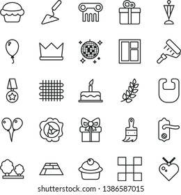 thin line vector icon set - bib vector, colored air balloons, balloon, cake, building trowel, window, paint roller, wooden brush, door knob, tile, paving slab, gift, muffin, squash, trees, weaving