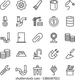 thin line vector icon set - clip vector, tower crane, hook, trowel, hand saw, siphon, sewerage, ntrance door, paving slab, kitchen faucet, coins, water pipes, barrel, gear, gas welding, magnet, cup