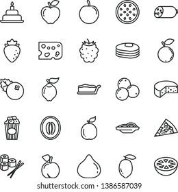 thin line vector icon set - birthday cake vector, sausage, piece of cheese, pizza, slices onion, slice, sushi set, cup popcorn, blueberries, pancakes, peach, quince, red apple, raspberry, fig, lemon