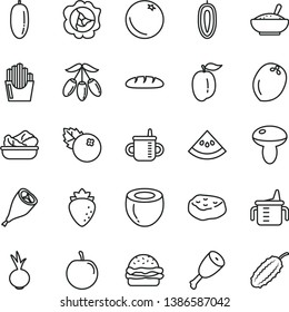 thin line vector icon set - mug for feeding vector, measuring cup, loaf, burger, mushroom, a bowl of rice porridge, lettuce in plate, chicken thigh, grill leg, piece meat, beet, fried potato slices