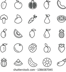 thin line vector icon set - strawberries vector, apple, pear, orange, half pomegranate, strawberry, tasty mulberry, slice of melon, water, mango, tangerine, ripe plum, lemon, yellow, sour lime