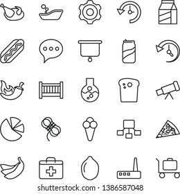 thin line vector icon set - first aid kit vector, baby cot, children's bathroom, cogwheel, hawser, speech, package, Easter cake, piece of pizza, Hot Dog, chicken, chili, soda can, cone, bananas