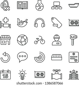 thin line vector icon set - counterclockwise vector, silent mode, remove label, bath, tricycle, workman, brick, calendar, speech, book, chili, valve, calipers, kiosk, scheme, gpu card, headphones