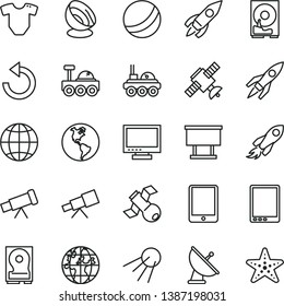 thin line vector icon set - monitor vector, counterclockwise, t short, bath ball, earth, artificial satellite, planet, billboard, rocket, space, tablet pc, hdd, telescope, antenna, lunar rover