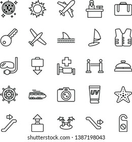 thin line vector icon set - plane vector, train, escalator, rope barrier, suitcase, baggage, getting, sun, uv cream, disco ball, hospital bed, starfish, diving mask, camera, key, receptionist